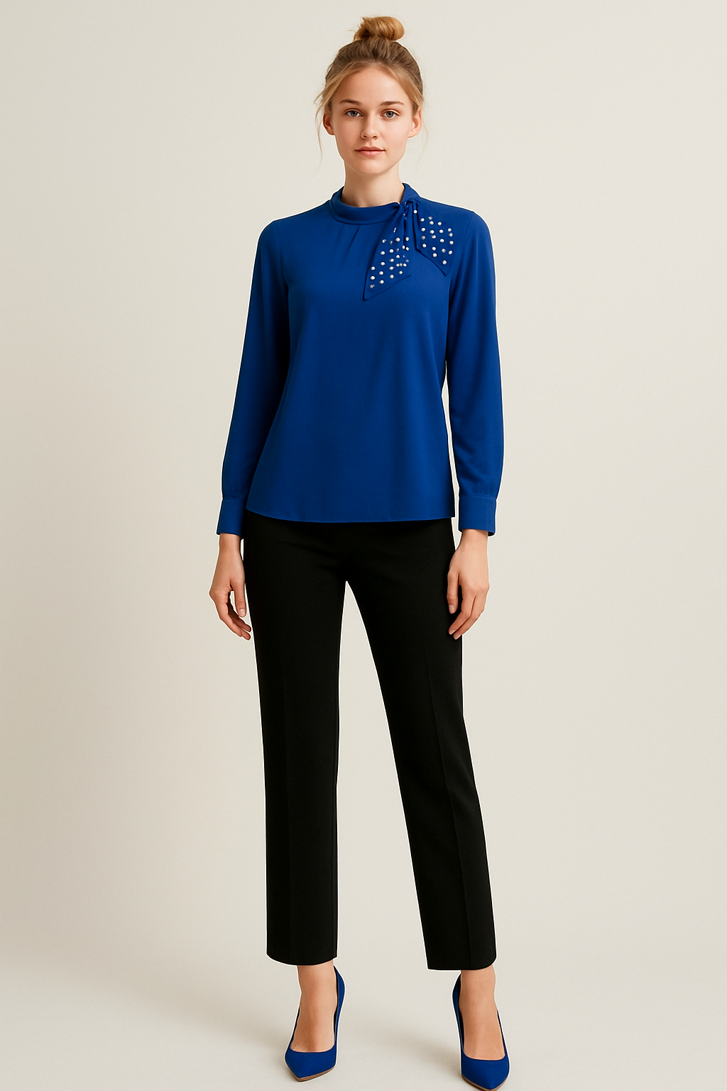 Pearl Embellished Bow Tie Top Blue - Image 5