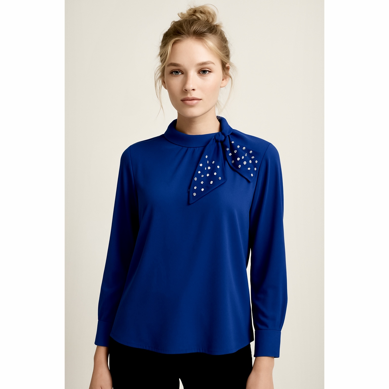 Pearl Embellished Bow Tie Top Blue