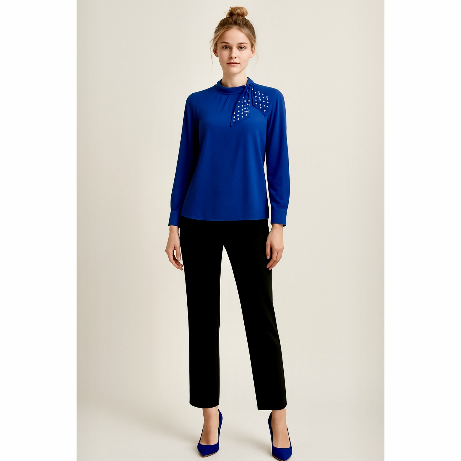 Pearl Embellished Bow Tie Top Blue - Image 4