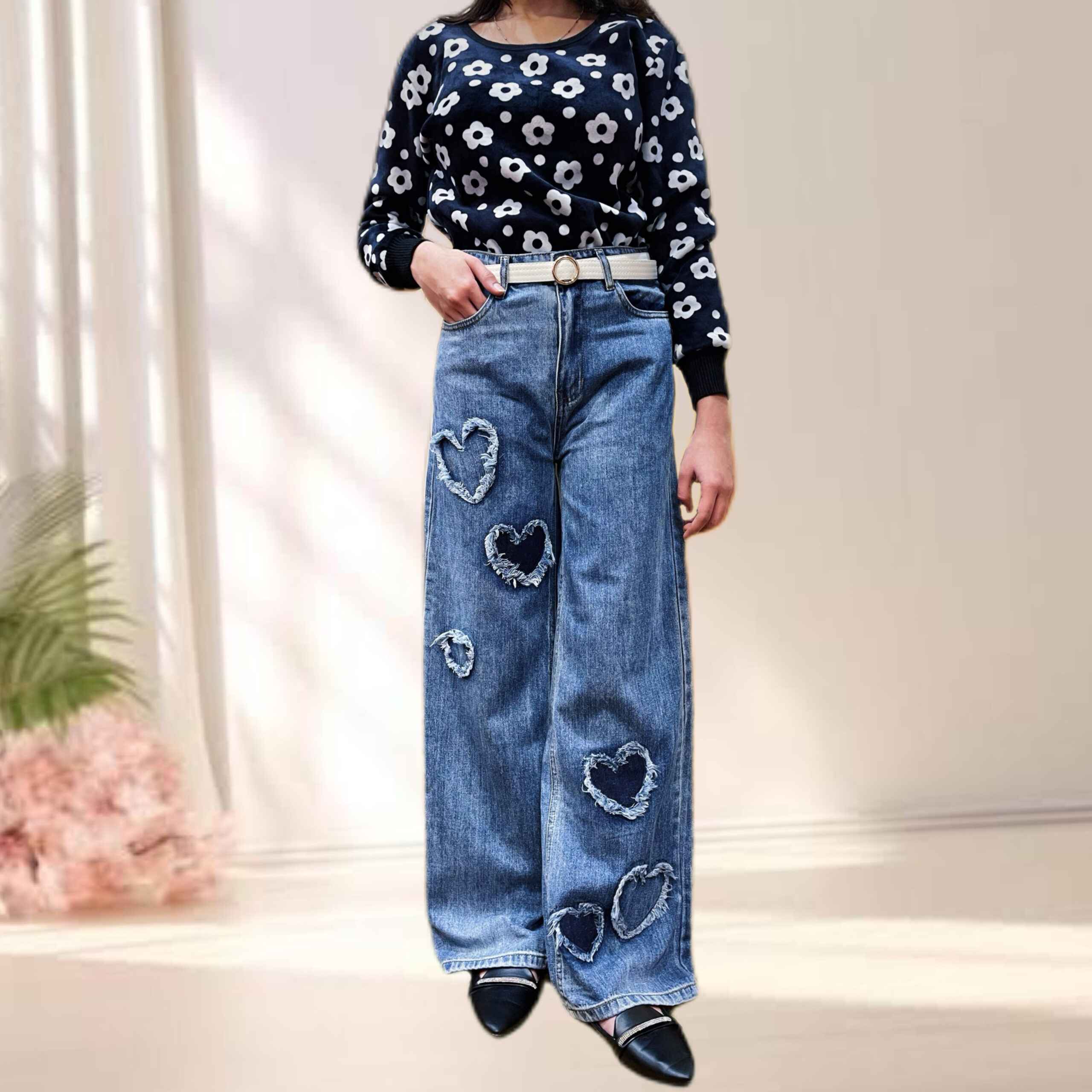 Heart Stitch Wide Leg Jeans