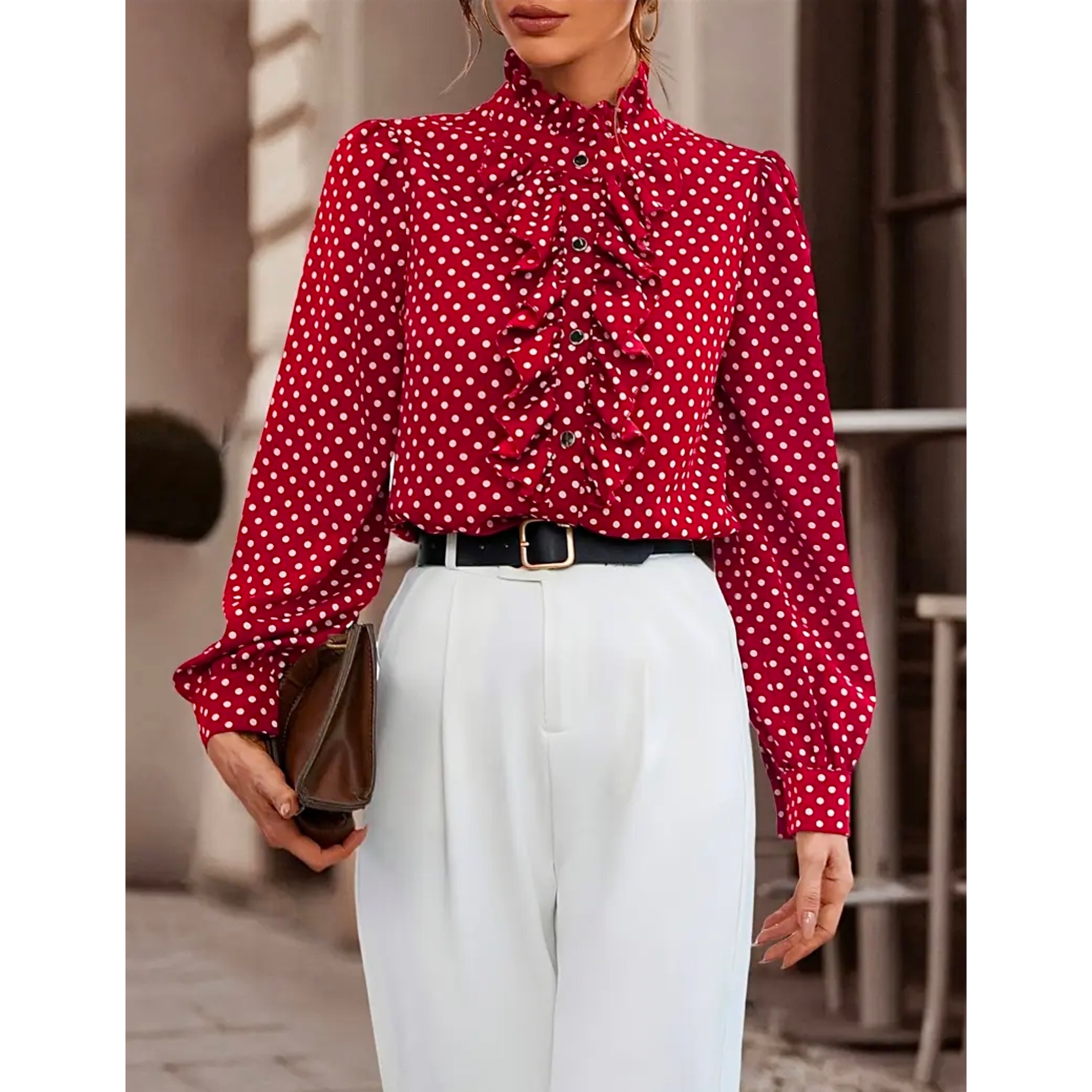 Red Polka Dot Ruffled Blouse