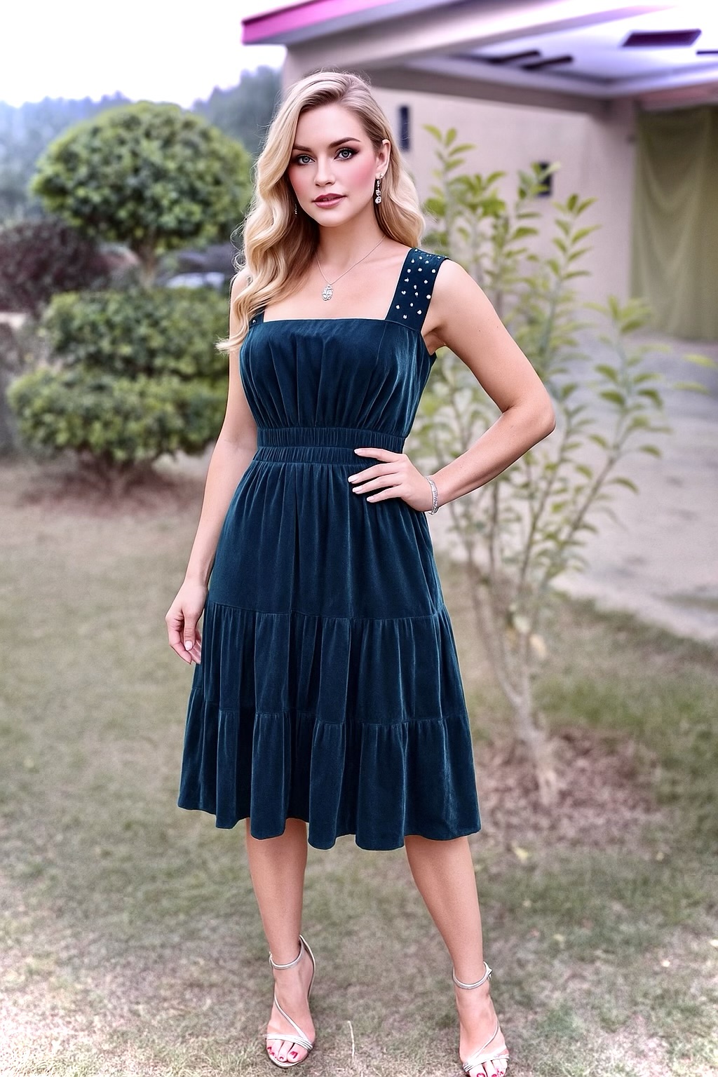 Teal Twilight Velvet Dress - Image 3